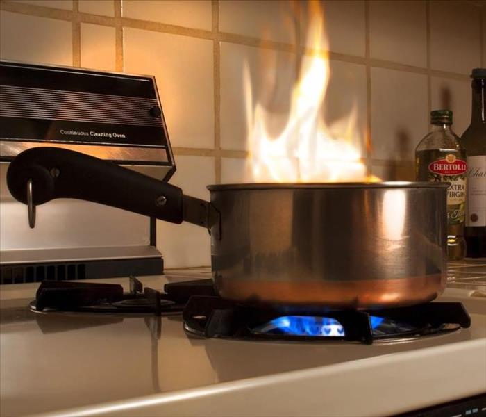 flames coming out of pot on a stove 
